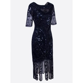 Vijiv Women's Vintage 1920s Style Sequined Beaded Roaring 20s Long Gatsby Flapper Dress with Sleeves for Themed Party, Blue Small