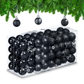 Relaxdays Christmas Baubles Set of 96, Glitter, Matte & Shiny Tree Baubles, Christmas Tree Decoration, Plastic, Black