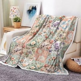 Boho Throw Blanket Pink Floral Patchwork Throw Blankets for Women Cozy Blanket Colorful Vintage Flower Throw Blankets Decorative Soft Cozy Flannel Blanket for Home Bed Sofa Couch Chair, 50"x60"