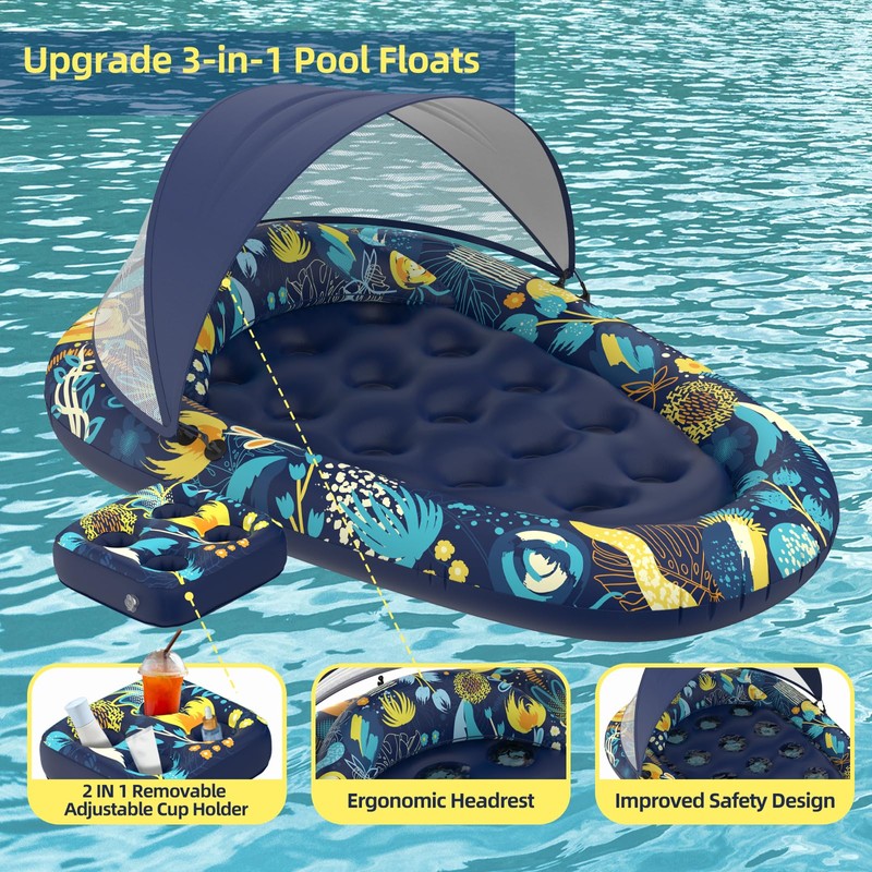 Sunikko X 3-in-1 Pool Floats with Canopy Cup Holder, Large