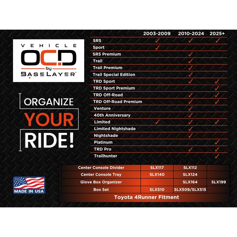 Vehicle OCD - Center Console Organizer Tray for Toyota 4Runner