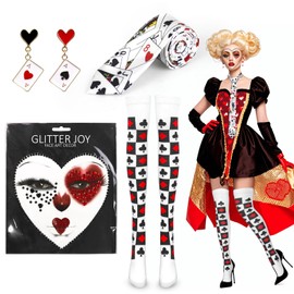 Pack of 6 Casino Party Costume Queen of Hearts Costume Accessories with Poker Cards Tie Earrings Heart Queen Stockings Face Tattoo Carnival Costume Women for Fancy Dress Cosplay Fancy Dress Party