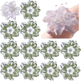VEEKAY Pack of 12 Wedding Wrist Flowers, Bridesmaids Bridal Flower for Wrist, Flower Bracelet Hand, Yarn Ribbon Flower Bracelet, Wrist Flower for the Bride Pearl, Wedding Party Prom Event Ceremony