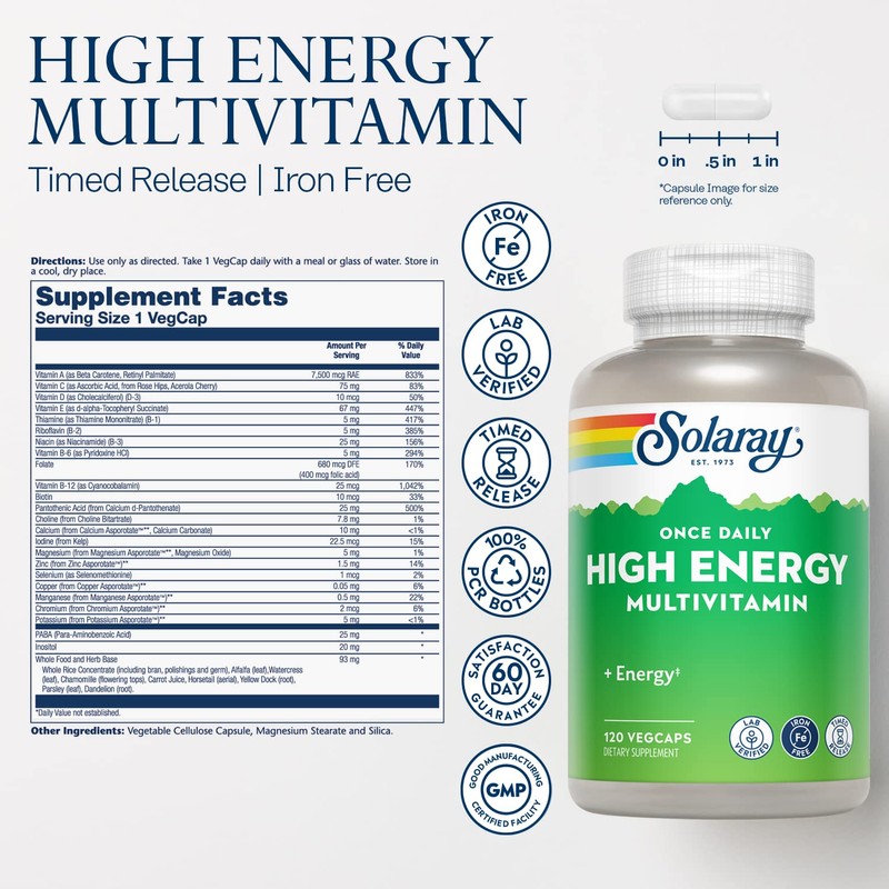 SOLARAY High Energy Multivitamin, No Iron, 1/Day, Timed-Release Formula, Whole