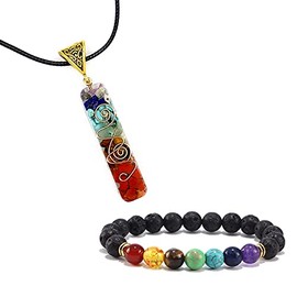 Healing Crystals Gemstone Chakra Om Symbol Pendant Necklace Lava Rock Bracelet Set Prosperity Reiki Wealth Money Fortune Positive Energy Quartz Yoga Meditation Jewelry for Women Menfor Women Men-Set B