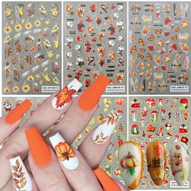 6 Sheet Maple Leaf Nail Art Stickers Decals Fall Leaf 3D Nail Self-Adhesive Sticker Designs Autumn Leaves Pumpkin Mushroom Nut Squirrel Nail Transfer Decal for Thanksgiving Women Manicure Decorations