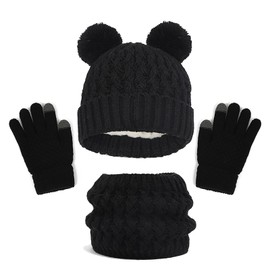 Bekecidi Kids Winter Warm Beanie Hat Scarf Gloves Set, Thermal Knitted Pom Pom Bobble Hat Scarf and Gloves Set Thick Fluffy Toddler Cap Neck Warmer Touch Screen Gloves for Girls Boys Age 2-8 (Black)