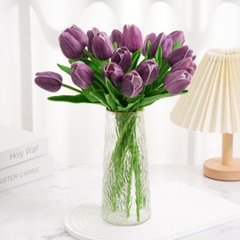 Beksodi 20Pcs Artificial Tulips Flowers, Real Touch Latex Fake Tulips Flowers for Decoration 13.5" Floral Arrangement Bulk Flowers for Vase Centerpieces Wedding Party, Violet