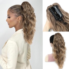 FINE PLUS Ponytail Extension Claw Clip in Ponytail Hair Extensions Synthetic Claw Curly Ponytail Extension for Women 18inch Curly Wave Claw Clip Ponytail Hairpiece Highlights Rich Brown