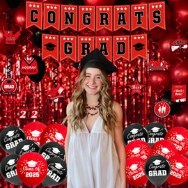 Graduation Decorations Class of 2025, Graduation Decorations Set 2025 Backdrop, Flag Banner, Porch Banner, Graduation Hanging Swirl, Balloons, Honeycomb for Graduation Party Decorations (Red & Black)