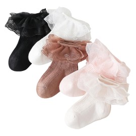 CHUNG Baby Girls Newborn Infant Lace Ruffles Cotton Frilly Socks Cute Mesh Thin Anti-Skid Floor Socks,5p-2Layer,5-7Y