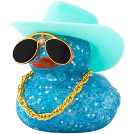 wonuu Car Dashboard Decorations Cowboy Hat Rubber Ducks, Colorful Duck for Car Ornament Accessories with Hat, Glasses, Necklace (Glitter Light Blue)