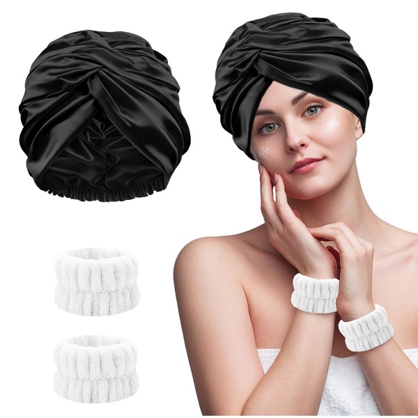 Black Silk Soft Bonnet Double Layer for Sleeping with Face