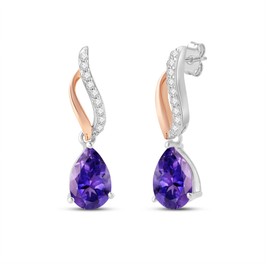 Jewelili Rose Gold over Sterling Silver with 9x6 MM Pear Amethyst and Round Created White Sapphire Dangle Earrings, Metal, Amethyst