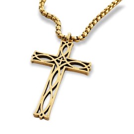 FORGIVEN JEWELRY Cross Jesus Fish Ichthus Gold Metal Finish Pendant Gold Stainless Steel Heavy Chain Necklace