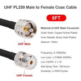 MOOKEERF PL-259 UHF CB Coax Cable 8FT, RG58 PL-259 UHF Male to Female Low Loss Antenna Extension Jumper Cable CB Radio Cable for HAM Radio, Antenna Analyzer, Dummy Load, SWR Meter