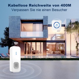 SURFOU Wireless Doorbell, Wireless Doorbell Set, 400 m Range, Outdoor, Waterproof, Front Door with Plug-in Receiver with 55 Melodies, 5 Volume Levels, LED Flashing, Easy to Plug In, White