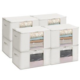 TYEERS Large Storage Bags with Zipper and Clear Window, Cotton Blended Fabric Storage Containers for Seasonal Clothes and Bedding, 23.6x15.7x13.8 Inches, 8-Pack, Beige