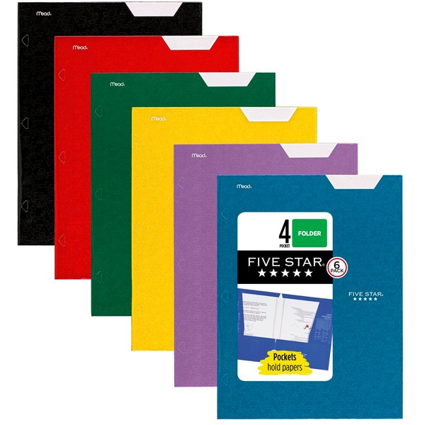 Five Star 4 Pocket Folders, 6 Pack, Paper Folders, Fits 3-Ring Binders, Holds 8-1/2" x 11" Paper, Writable Label, Tidewater Blue, Harvest Yellow, Amethyst Purple, Forest Green, Fire Red, Black (38056)