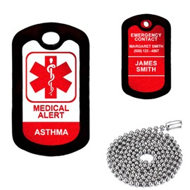 Red Medical Alert - Asthma - Customized Aluminum Medical ID Tag with 24" Stainless Steel Necklace - Made in USA