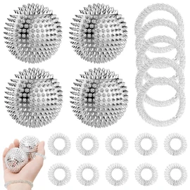 Pack of 4 Hedgehog Ball Massage Ball with 10 Acupressure Rings and 5 Massage Bracelets, Skills Set, Skills Borderline Set, Skills Panic Attacks, Panic Attacks Aid, for Stress Relief or Massage