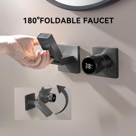 Bathroom Faucet with Temperature Digital Display Wall Mount Faucet with 180° Foldable Spout Single Handle Lavatory Vessel Sink Faucet Bathtub Faucet Tub Filler with Brass Rough-in Valve (Gun Grey)