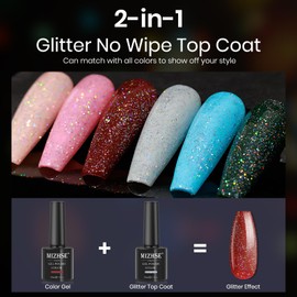 MIZHSE Glitter Top Coat, Clear Glitter Gel Silver Holographic Sparkle No Wipe Rainbow Shimmer Gel Nail Polish for Nail Art Home Manicure 10ml