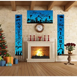 Joy to The World Christmas Nativity Banner, 3Pcs Manger Scene Religious Christmas Porch Sign Holy Nativity Christmas Hanging Banner Large Xmas Porch Sign for Christmas Decoration