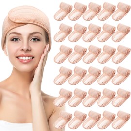 Hoteam 30 Pack Spa Headband Facial Esthetician Hair Wrap for Women Adjustable Makeup Sports Shower Stretch Towel with Tape(Light Pink)