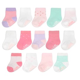 Fruit of the Loom Baby 14-Pack Grow & Fit Flex Zones Cotton Stretch Socks - Unisex, Girls, Boys (12-24 Months, Pink Stripe)