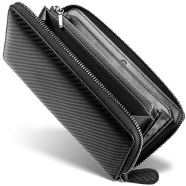 GRACE Men's Wallet, Round Zipper, Italian, Carbon Leather, Large Capacity, Long Wallet, Genuine Leather, For Gentlemen, Business, Saifu, Carbon, Black