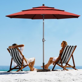 Aoodor 10 Ft 3-Layer Patio Umbrella, 3-Tier Outdoor Market Umbrella with Tilt Button and Crank, Sun Shade for Backyard, Outdoor Table, Poolside, Wine Red