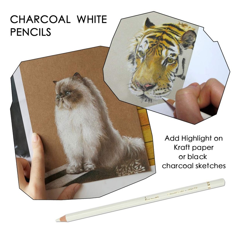 Brusarth Professional White Charcoal Pencils Set - 3 Pieces Sketch
