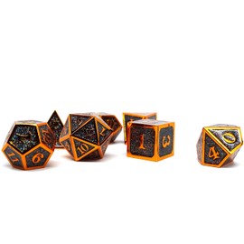 Heroic Dice of Metallic Luster - 7 Piece Metal Polyhedral Dice Collection (Black with Orange Font)