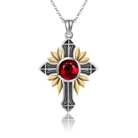 VENACOLY Weinlese Kreuz Halskette Sterling Silber Sonne Rubin Anhänger Halskette Kreuzschmuck Geschenke für Frauen Mädchen