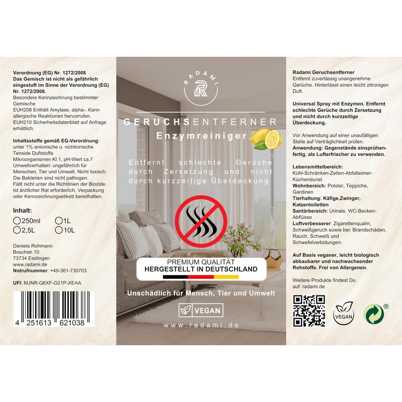 Geruchsentferner Geruchsvernichter 250 ml Enzymreiniger gegen schlechte Gerüche in WC