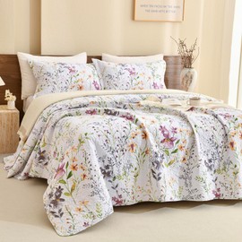 Lady Ann Wild Floral Printed Bed Quilt Sets Queen 100% Cotton Yellow Flower Botanical Pattern Bedding, Vintage Lightweight Coverlet Ultra Soft Bedspread Set with Pillow Shams for All Season, 3 PCS
