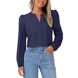 MEROKEETY Women's Hollow Out Lace Blouse Eyelet Embroidery Puff Long Sleeve V Neck Fall Boho Shirts Navy M