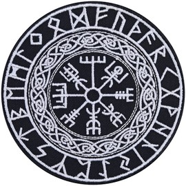 Vegvisir Nordic Viking Compass – Embroidered Iron on Patches for Bikers, Rocker, Vikings | Sew on or Iron on Applique Nordic Runic Compass Designed Patches Badge for All Fabrics | 90X90 mm