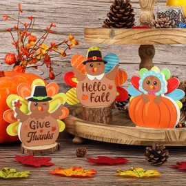 3 Pcs Thanksgiving Wooden Turkey Signs, Cute Thanksgiving Tiered Tray Decor, Fall Party Table Decoration for Home Kitchen (Cute)
