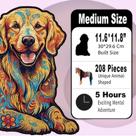 Wooden Jigsaw Puzzle for Adults - Golden Retriever Dog, Unique Shaped Puzzle Pieces, Hard and Challenging, Brain Teaser, Great Gift for Dog Lovers, 208 Pieces, Medium Size