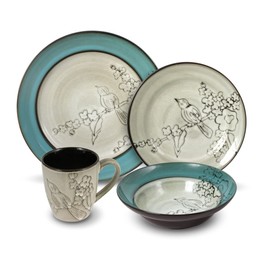 Gourmet Basics Song Bird Dinnerware Set (16 Piece), Green, Gray