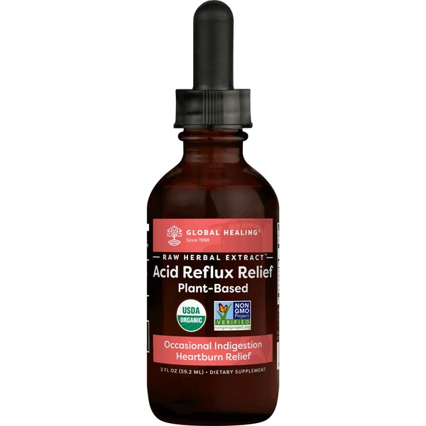 Global Healing Center Acid Reflux Relief Organic Liquid Supplement W/Slippery Elm - Helps Upset Stomach, Heartburn, Indigestion - Supports Body's Defense Against Digestive Issues - 2 Fl oz