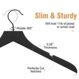 TOPIA HANGER Wooden Hangers 20 Pack, Rubber Wood Clothes Hangers with Rotatable Black Hook and Smooth Cut Nothces, Durable Hanger for Coats, Suits, Jackets, Sweaters, Dresses, Black - CTS07B