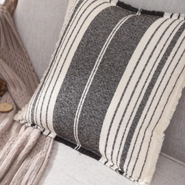 Tosleo Black Throw Pillow Covers 18x18 Set of 2 with Fringe Striped Farmhouse Couch Decorative Pillowcases Woven Textured Chic Linen Neutral Boho Cushion Cover for Sofa Living Room Bed Home Decor