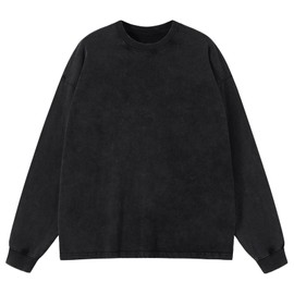 Mens Oversized T Shirts Long Sleeve Shirts for Men Vintage Acid Wash T-Shirts Comfort Colors Crewneck Sweatshirt(Black L)