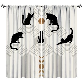 JanJCurt Mid Century Curtains, Abstract Black Cat Curtains Boho Geometric Aesthetic Minimalist Modern Simple Arch Moon Phase Window Treatments for Kids Bedroom Living Room 42x45 Inch
