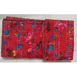 Indian Vintage Cotton Red Bird Printed Kantha Quilt Queen Handmade Tribal Bed Cover Reversible Bedspread Blanket Picnic Throw Floral Coverlet Old Sari Made Rally Assorted Patches 108x90 Inches