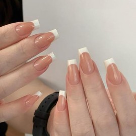 24pcs French Tip False Nails Medium Coffin Press on Nails White Edge Fake Nails Coral Pink Stick on Nails Removable Glue on Nails Acrylic Nail Tips Women Nail Accessories