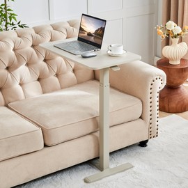 JYouHome Height Adjustable Overbed Table with Hidden Wheels, Mobile Standing Desk Hospital Bed Table Laptop Bedside Sofa Side Table, Multi-Purpose Rolling Overbed Table, Greyish White